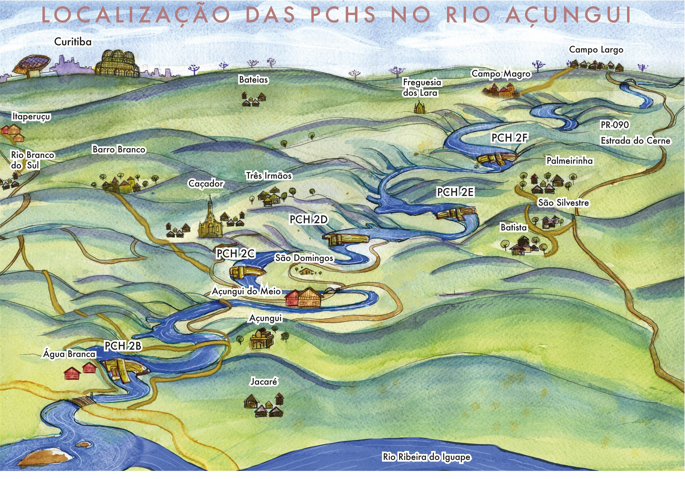 Mapa ilustrado em aquarela da região do Rio Açungui, com as cinco usinas, as comunidades e as estradas